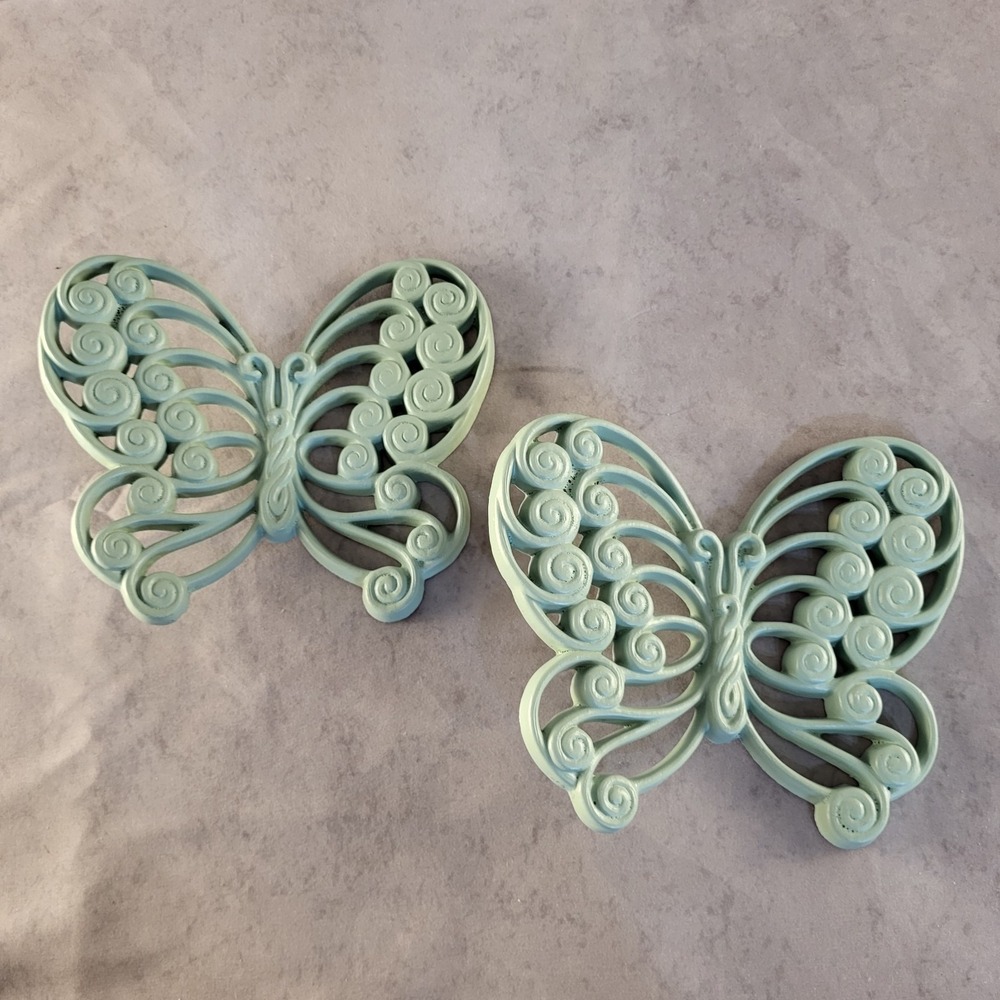 Set Of 2 Vintage Burwood Butterfly Light Green Wall Plaques Retro Wall Decor